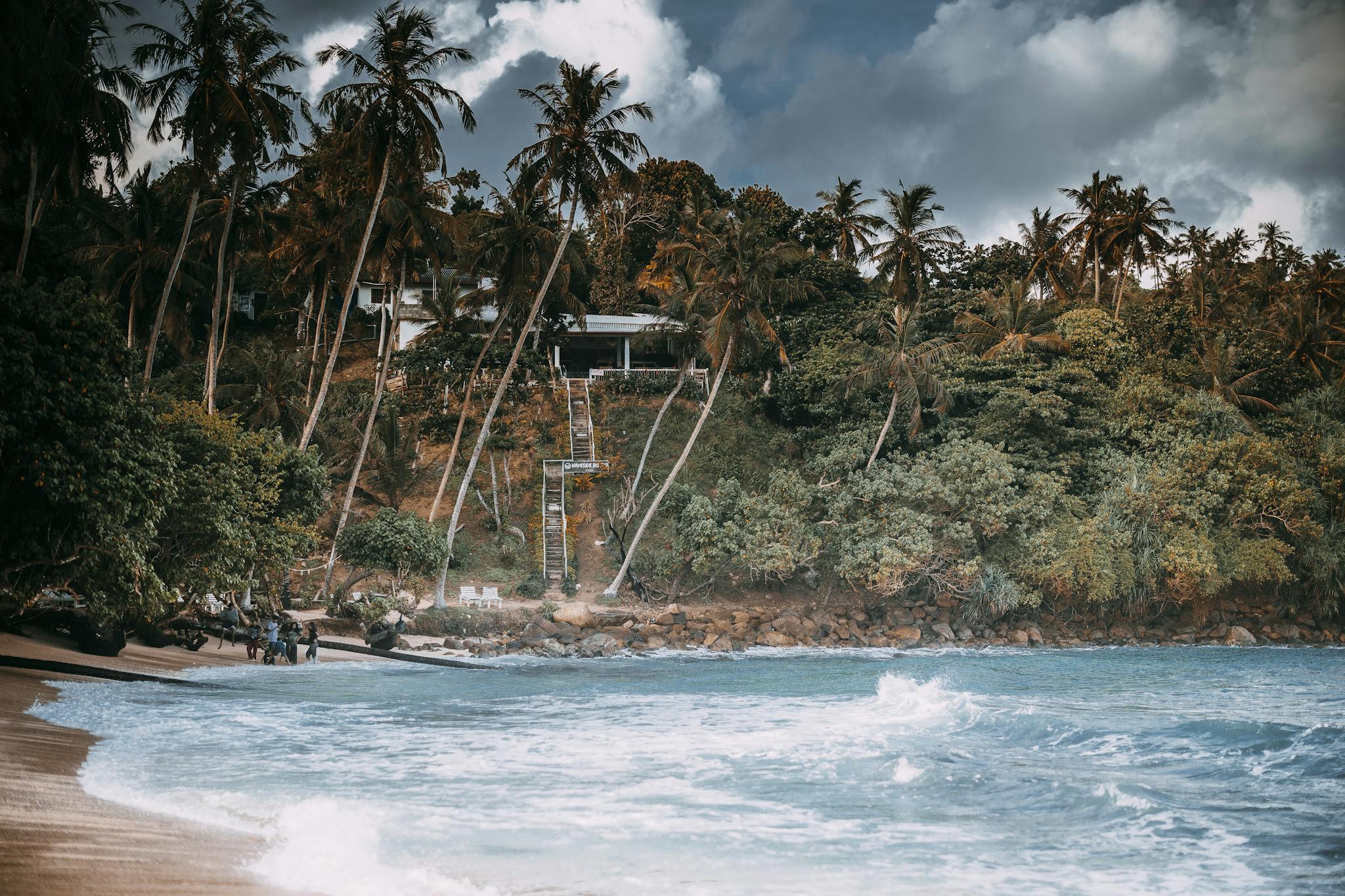 Discover this stunning tropical beach in Sri Lanka featuring lush palm trees and tranquil ocean waves.
