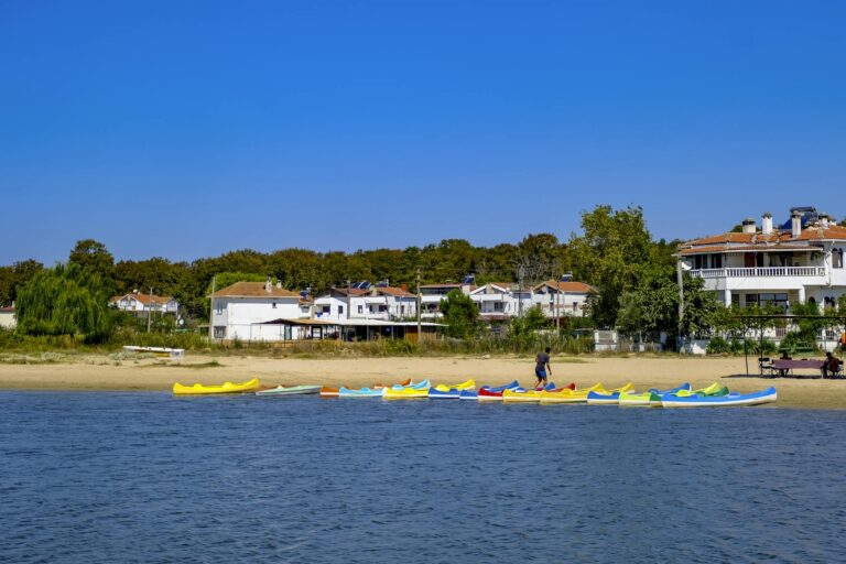 Scenic view of colorful canoes lined up on a tranquil sandy beach in Igneada, perfect for summer leisure and recreation.